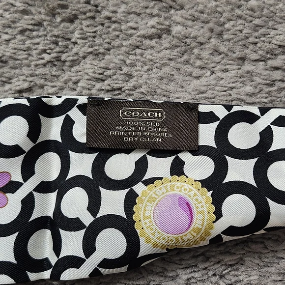 Coach Signature C Black With Purple Flowers Silk Hair Tie Scarf - Picture 3 of 3